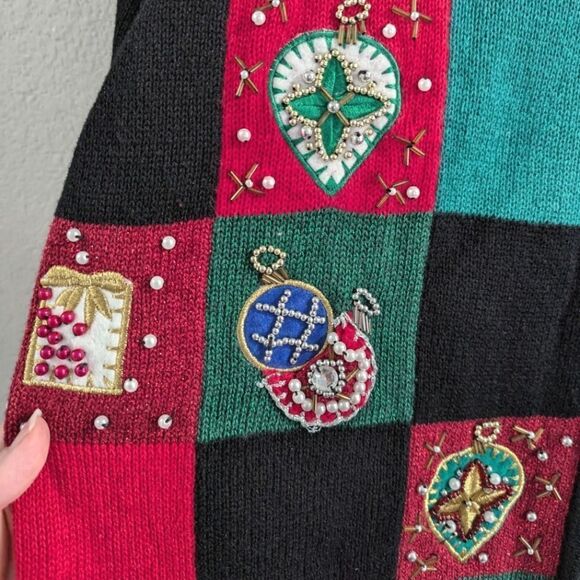 Victoria Jones Vintage 90s Ugly Christmas patchwork 3D beaded sweater cardigan L - Picture 5 of 7
